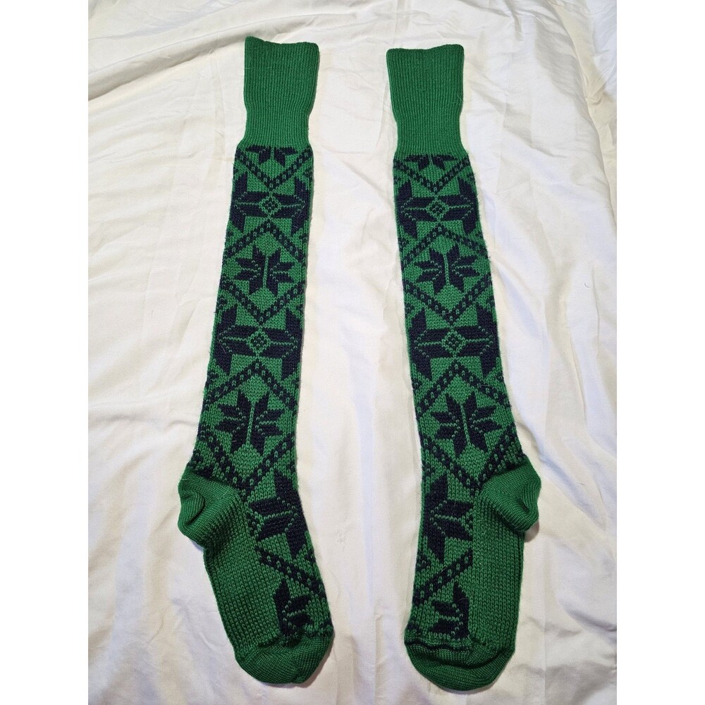 Green Blue Knit Knee High Socks Fair Isle Geometric Pattern Tall Thick Socks
